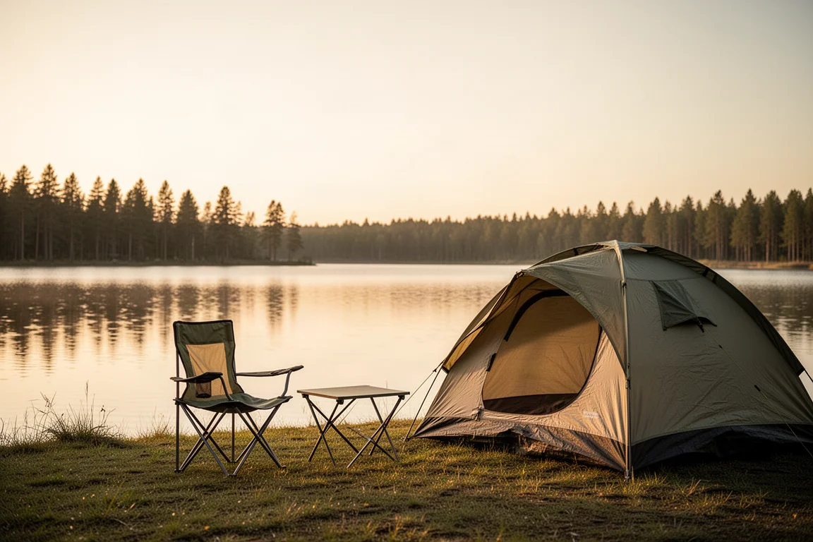 Sedia da campeggio pieghevole e un tavolino accanto a una tenda in un campeggio sul lago durante l'ora d'oro
