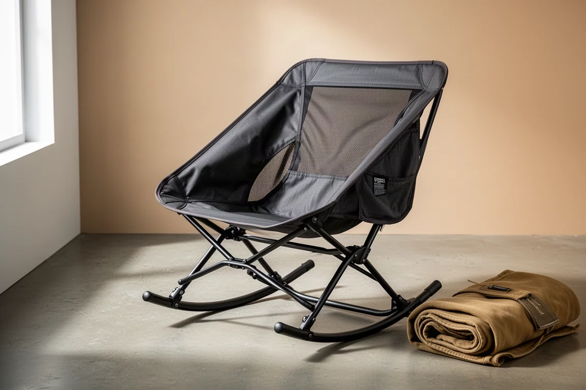 Folding rocking camp chair with steel frame and mesh backrest on a concrete surface