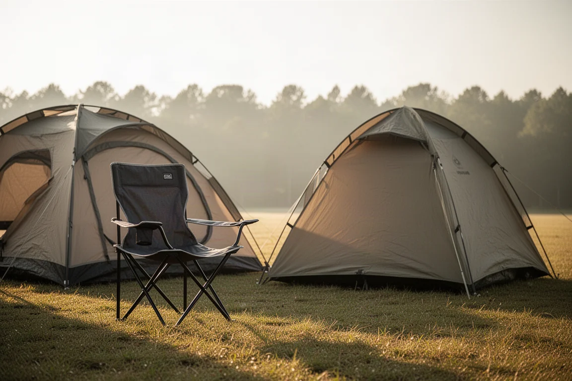 Silla de camping plegable montada junto a una pequeña tienda de cúpula en un camping con hierba a la hora dorada