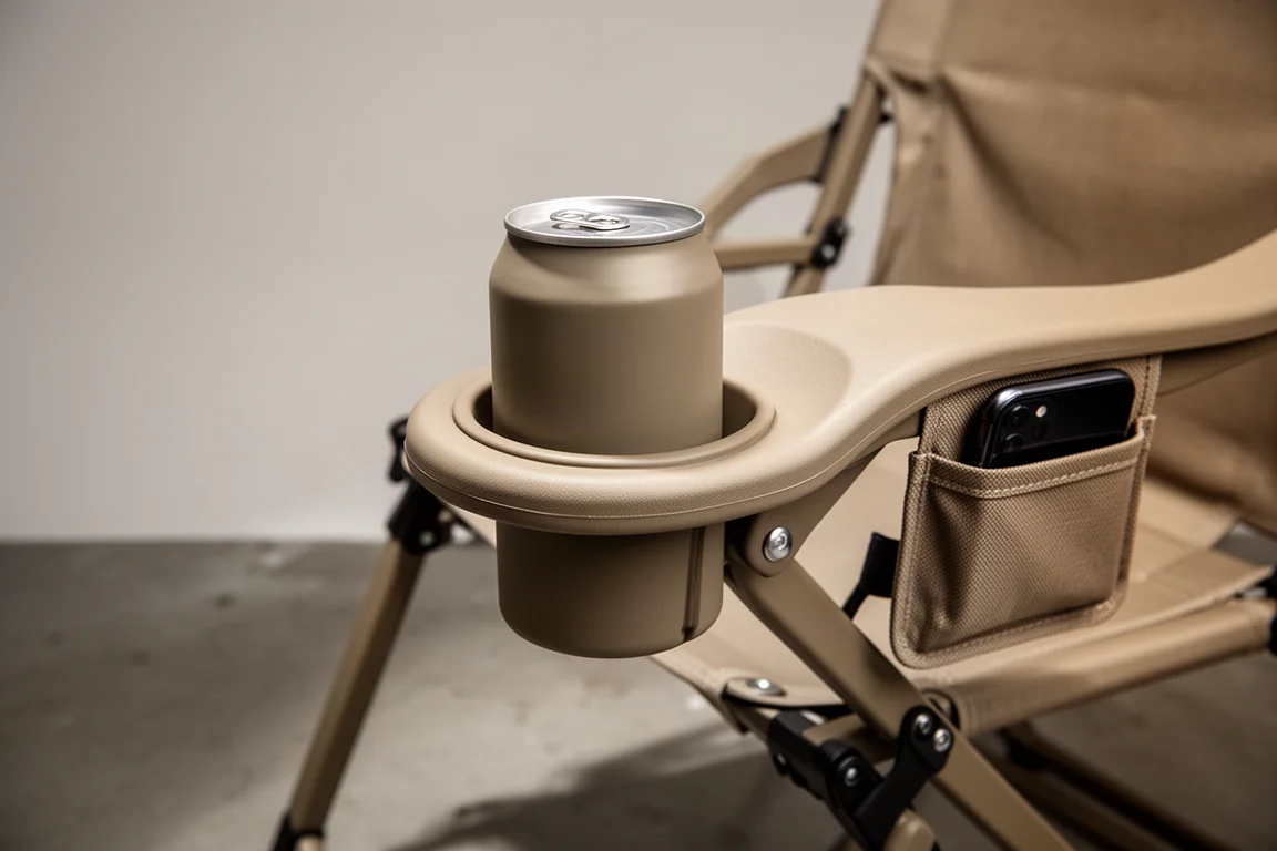 Portavasos en el reposabrazos de una silla de camping con una lata lisa sin marca