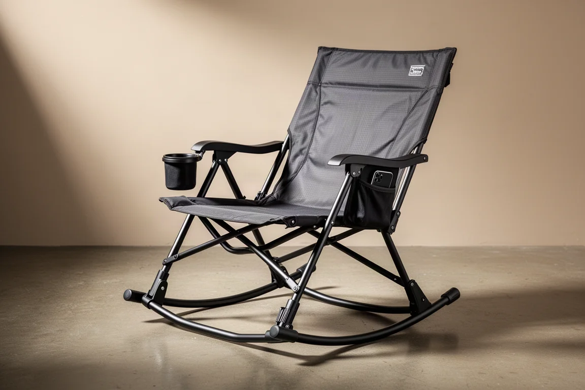 Folding camp rocking chair with dark fabric and black steel frame on concrete