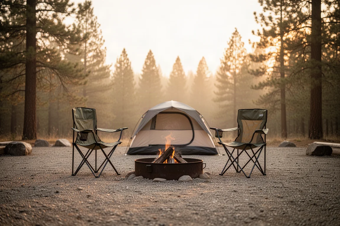 Acampamento na hora dourada com cadeiras de camping dobráveis voltadas para um anel de fogueira baixo e uma barraca pequena