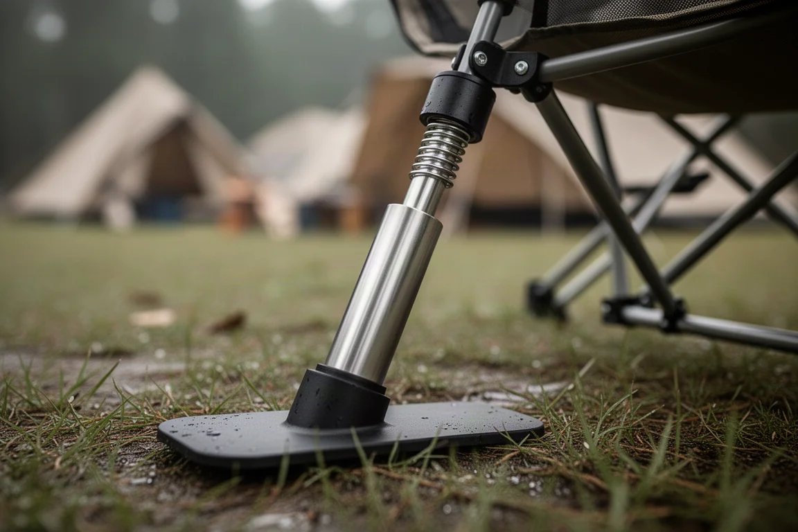 Close-up de um conjunto de pistão com mola na parte traseira da estrutura de uma cadeira de camping dobrável