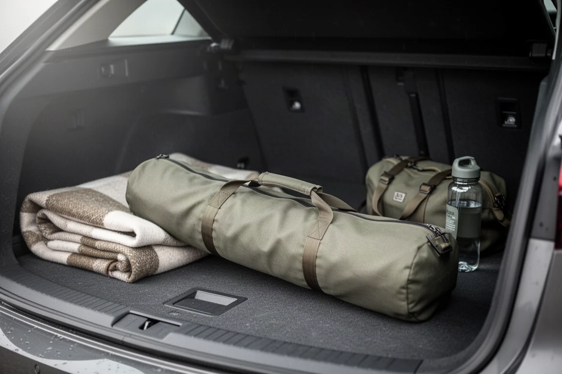 Bolsa de transporte cilíndrica e comprida de cadeira de camping no porta-malas do carro com equipamentos dobráveis