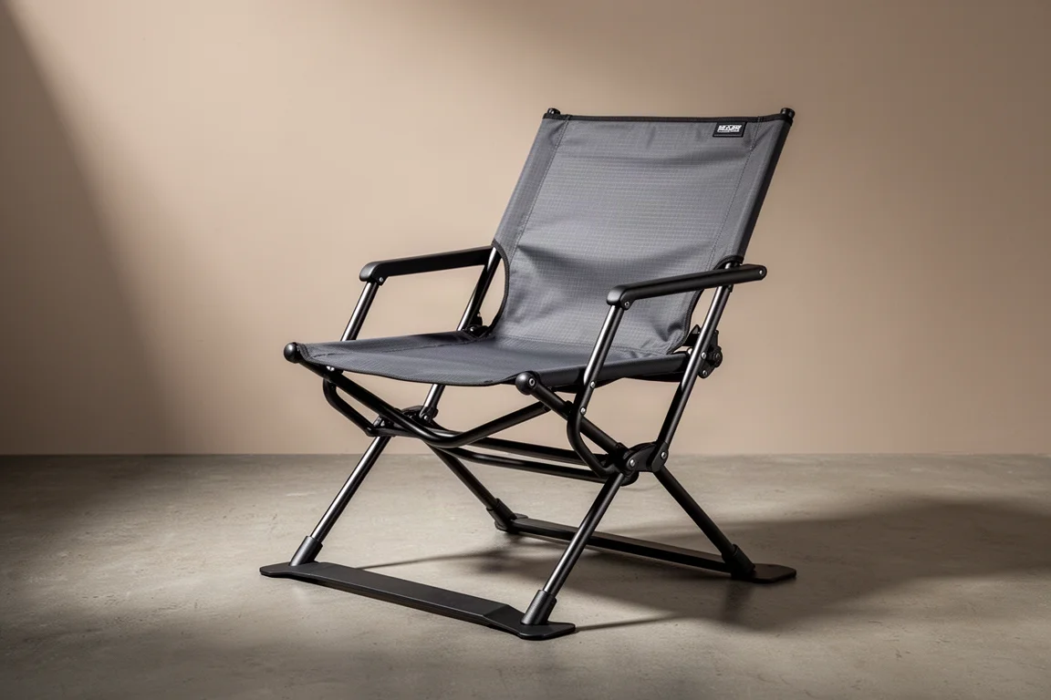 Grey and black folding camp chair with spring-loaded rear feet on a concrete surface