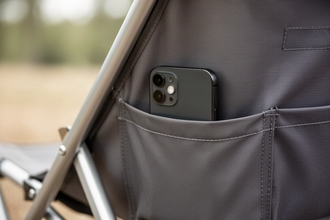 Gros plan sur une poche latérale de chaise de camping contenant un smartphone