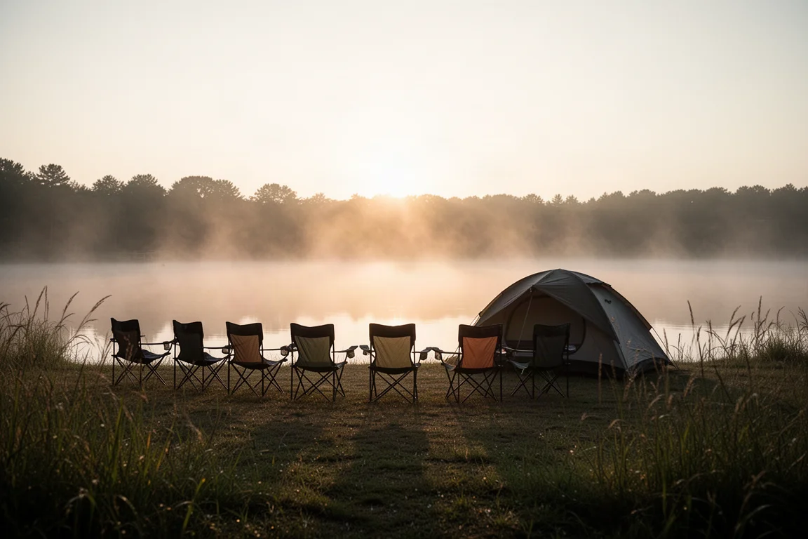 Camping au bord d'un lac au lever du soleil avec brume au sol et chaises en silhouette