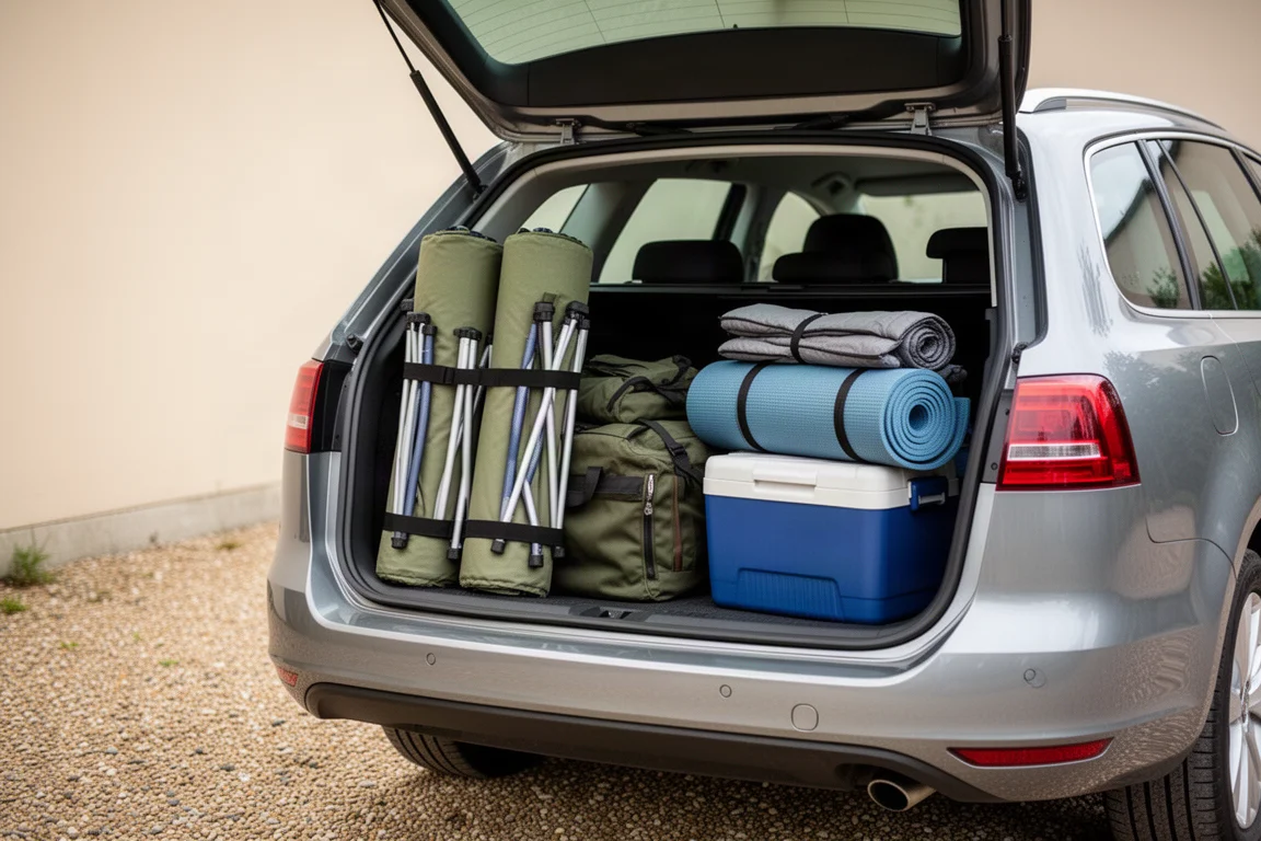 Coffre de voiture ouvert, rempli de chaises de camping pliées, d'un sac de sport et d'un tapis de sol
