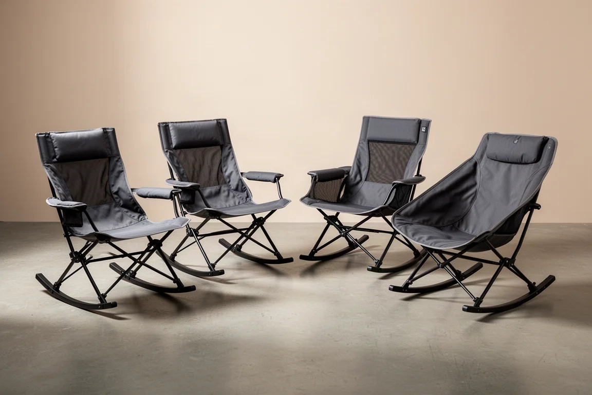 Five folding rocking camp chairs in dark grey fabric arranged on a concrete surface