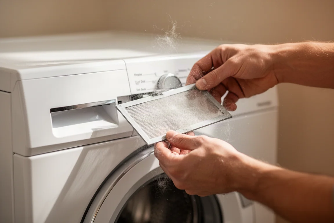 Personne retirant un filtre à peluches propre d'un appareil et le tenant vers la lumière