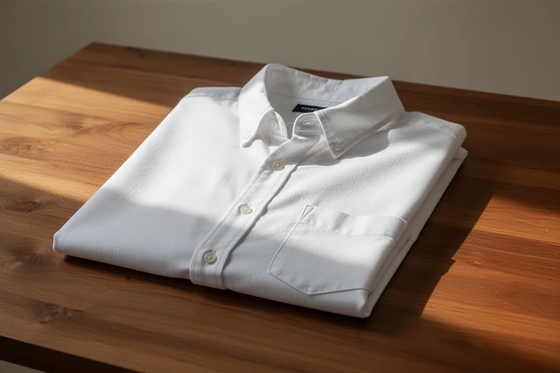 Chemise chaude et sans plis posée à plat sur une surface neutre après séchage