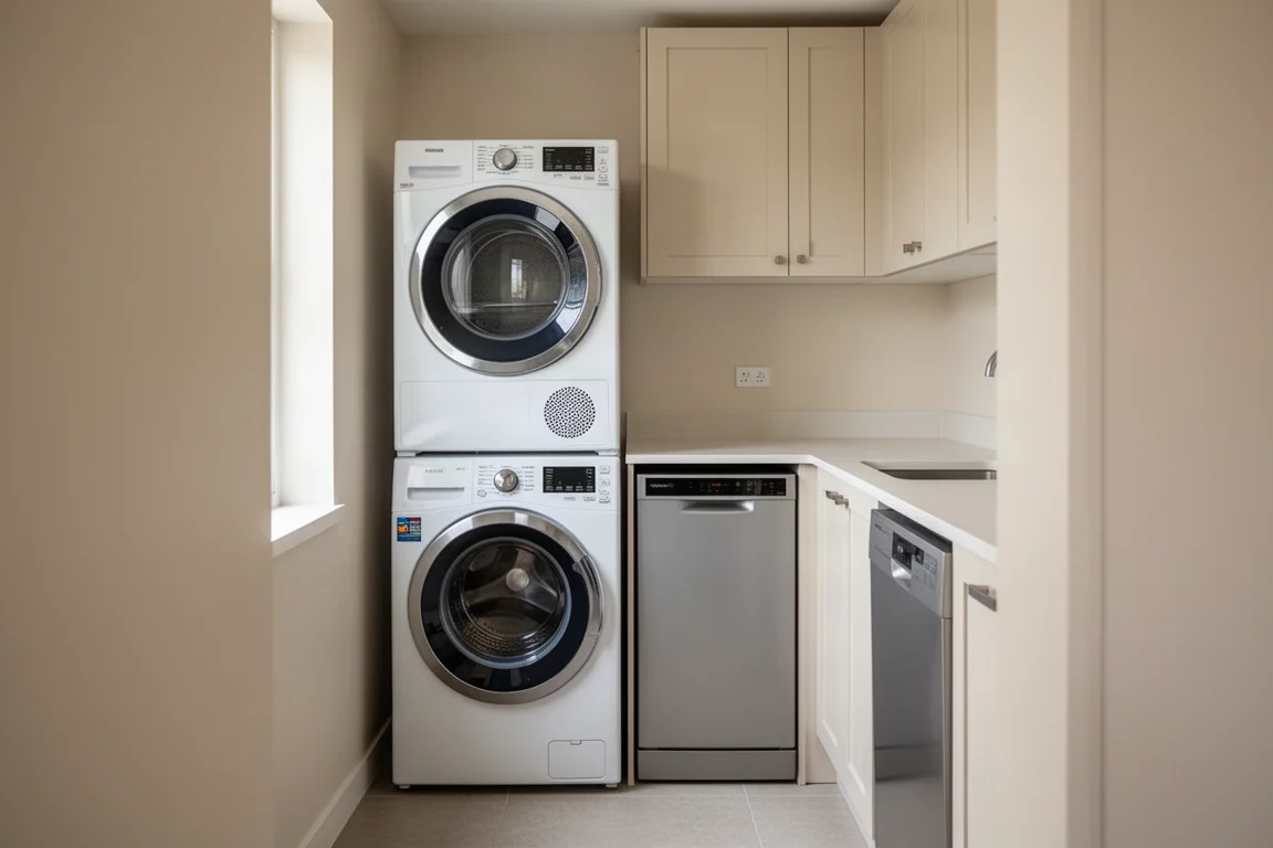 Espace utilitaire compact avec un lave-linge séchant installé à côté d'un emplacement pour lave-vaisselle