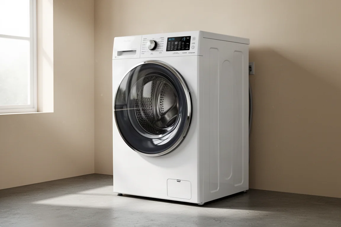 GE combination washer dryer in a bright utility room