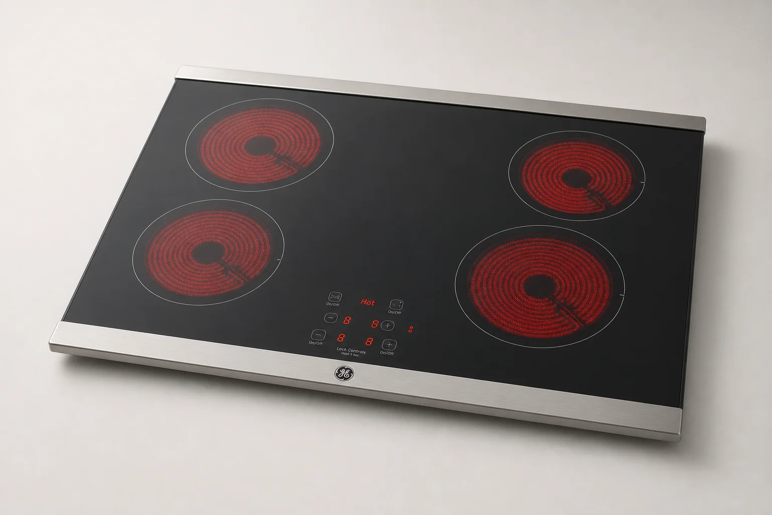 Five electric cooktops displayed in a line showing different designs and finishes