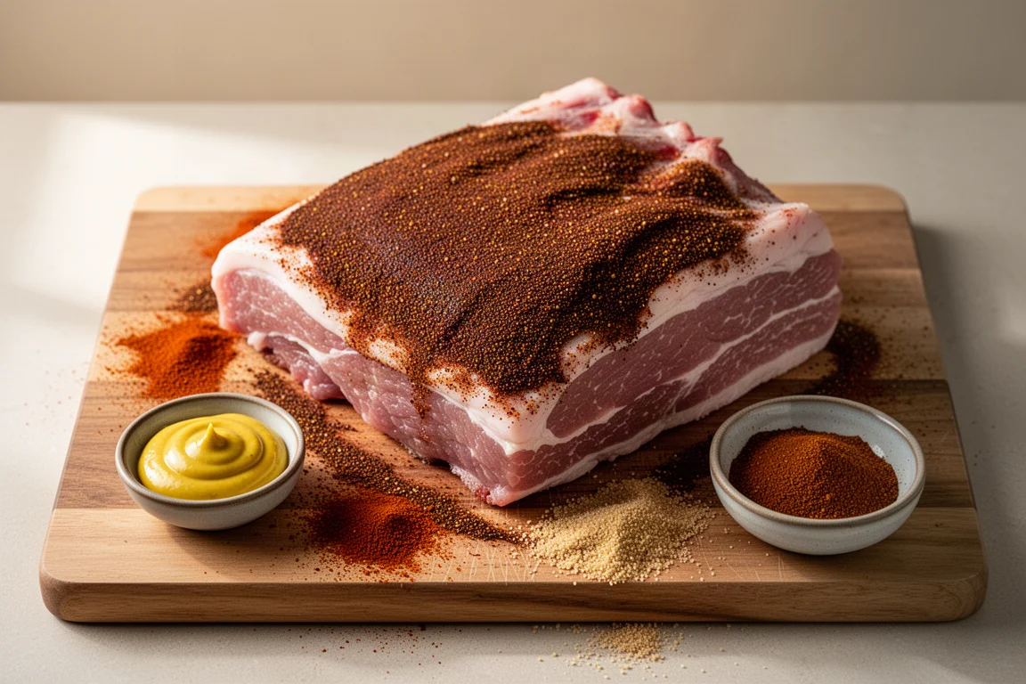 Schweineschulter wird mit Gewürzmischung und Senf auf einem Schneidebrett eingerieben