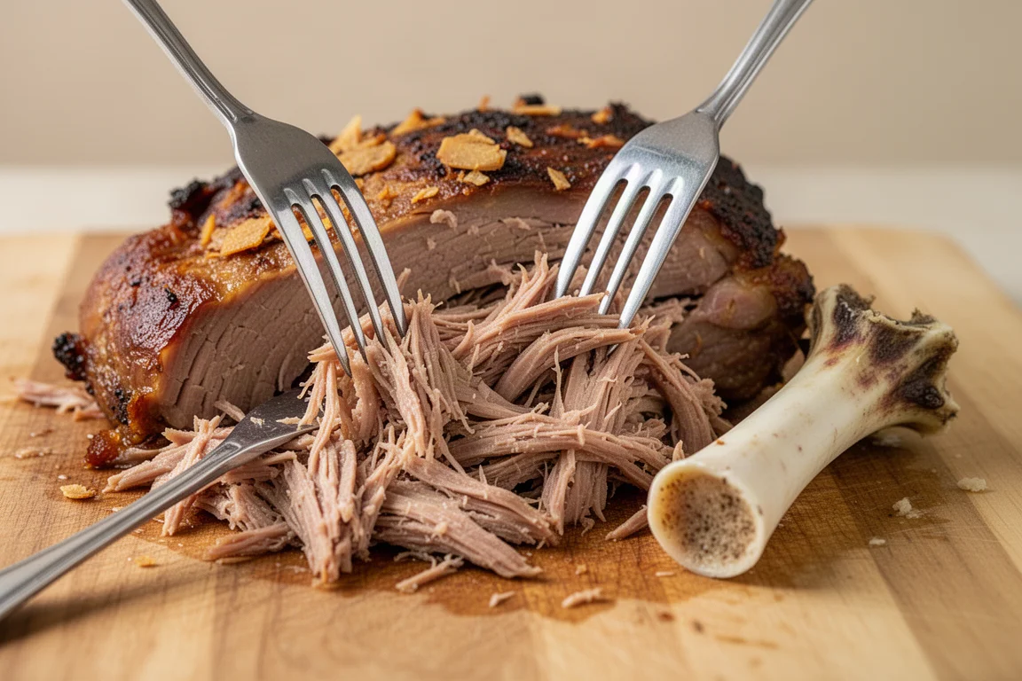 Frisch gezupfte Schweineschulter mit zarten Fasern und sauber entnommenem Knochen