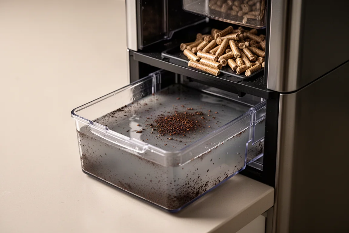 Geöffneter Wassertank mit verkohlten Pellet-Rückständen und übrigen Holzpellets