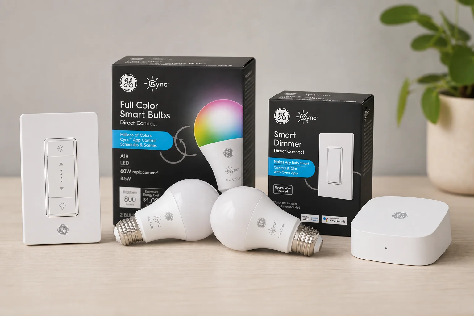 Smart home devices including hub, streaming device, thermostat, lock, and lights on a desk