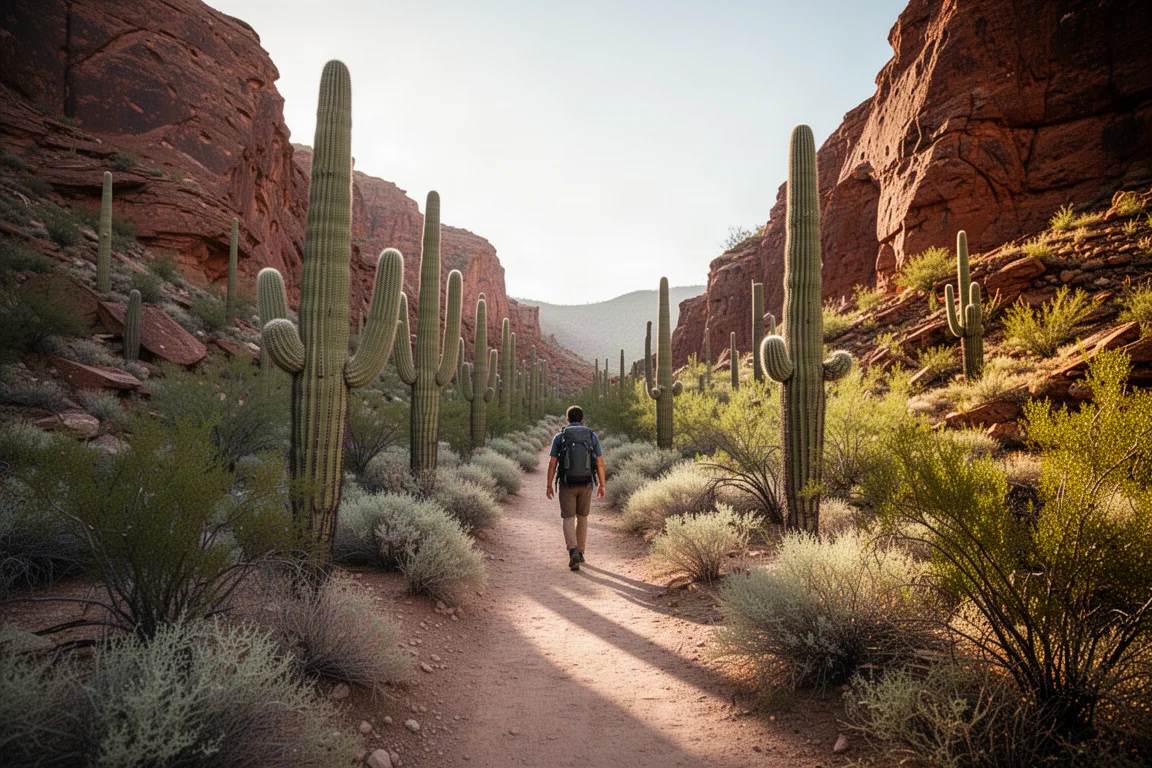 Randonneur marchant sur un sentier désertique bordé de cactus entre des parois de roche rouge au soleil matinal