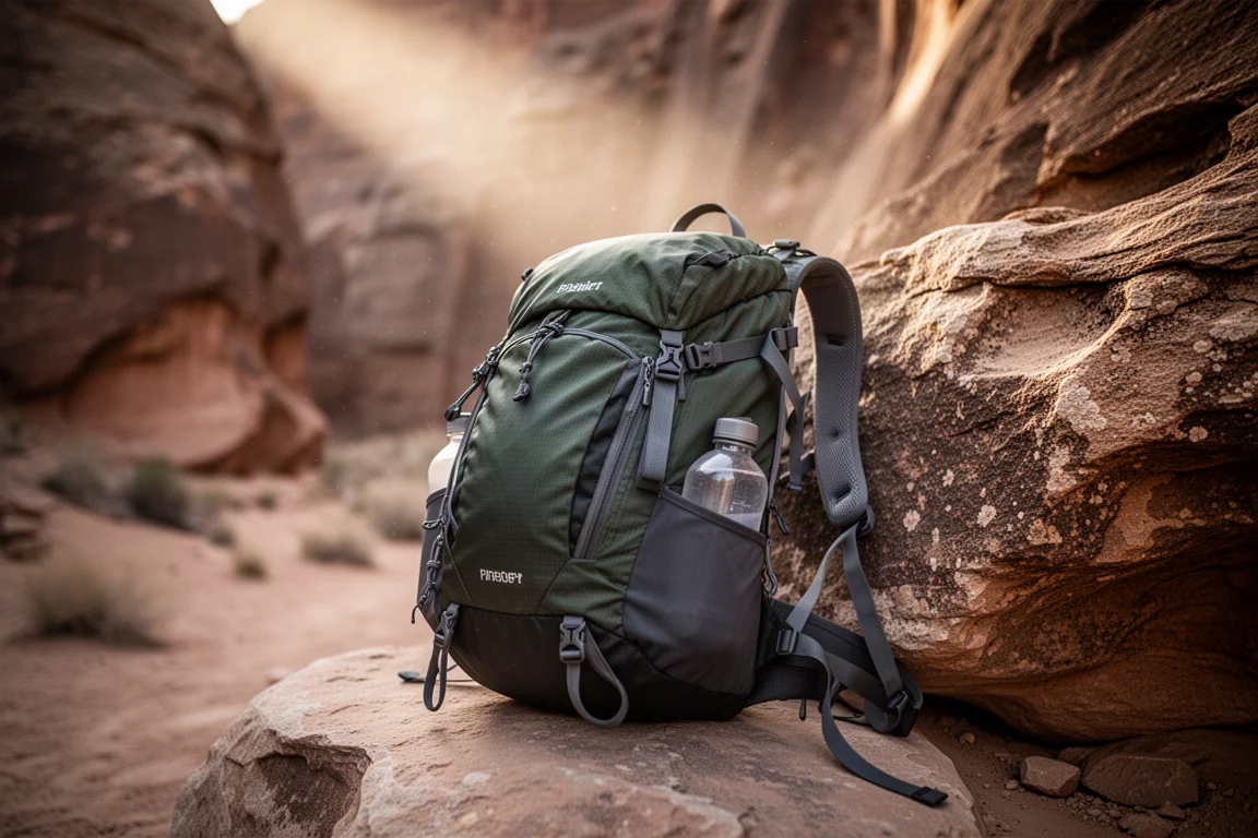 Sac à dos ultralight chargé appuyé contre un rocher dans un canyon désertique à l'heure dorée