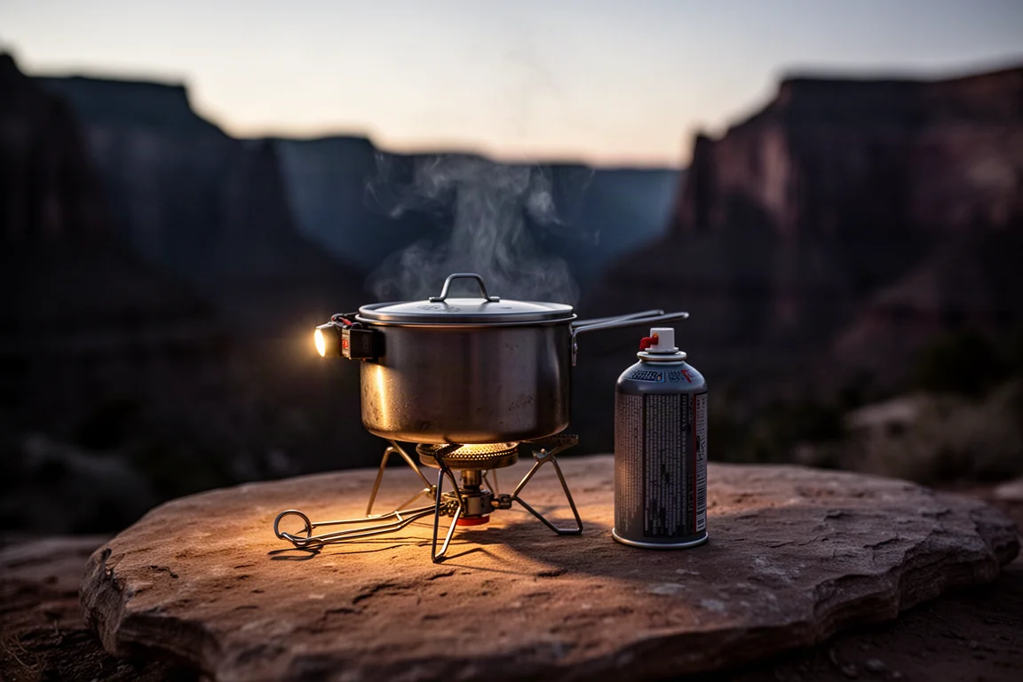 Popote et réchaud de camping sur une roche plate au crépuscule avec de la vapeur qui s'élève
