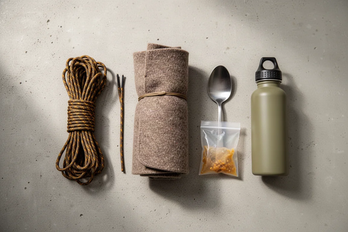 Vue à plat en plongée des essentiels de backpacking sur une surface en béton sous une lumière douce