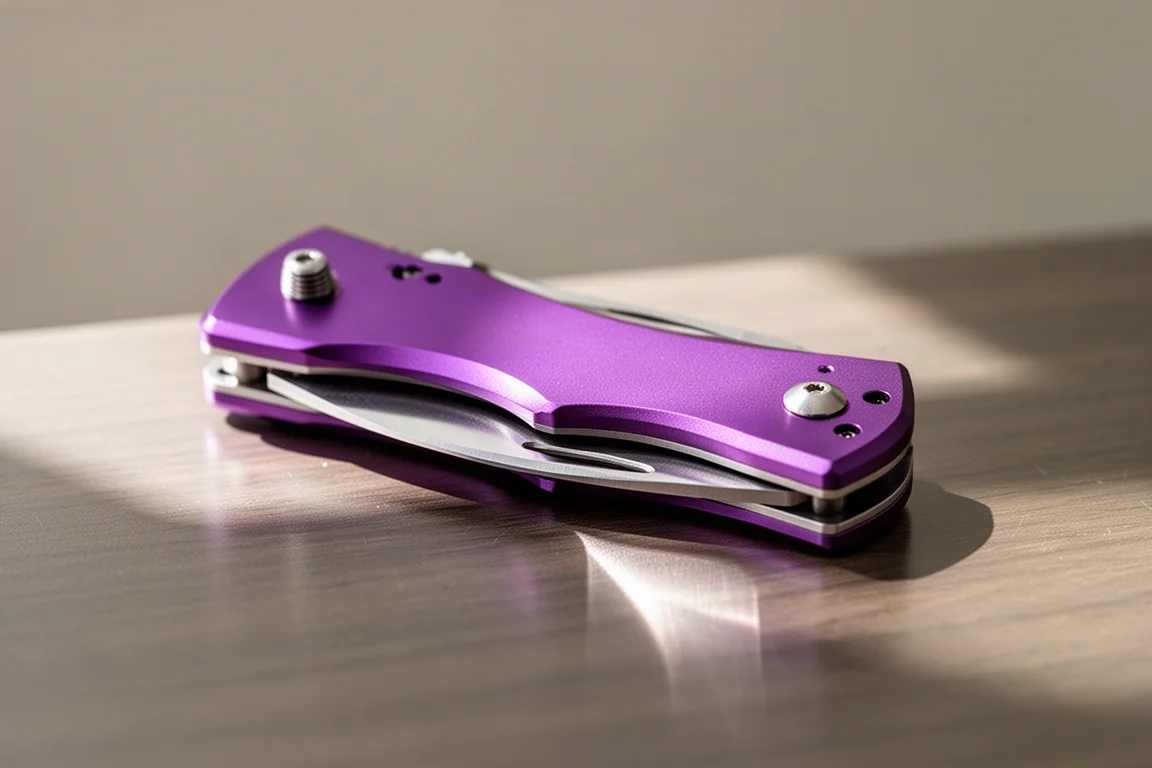Small folding knife with purple aluminum handles resting on a wooden desk