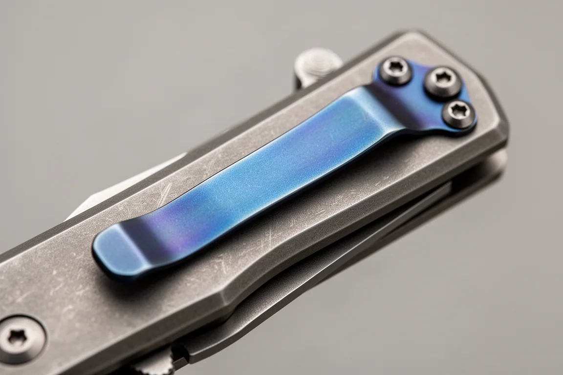 Blue anodized titanium pocket clip detail on a folding knife
