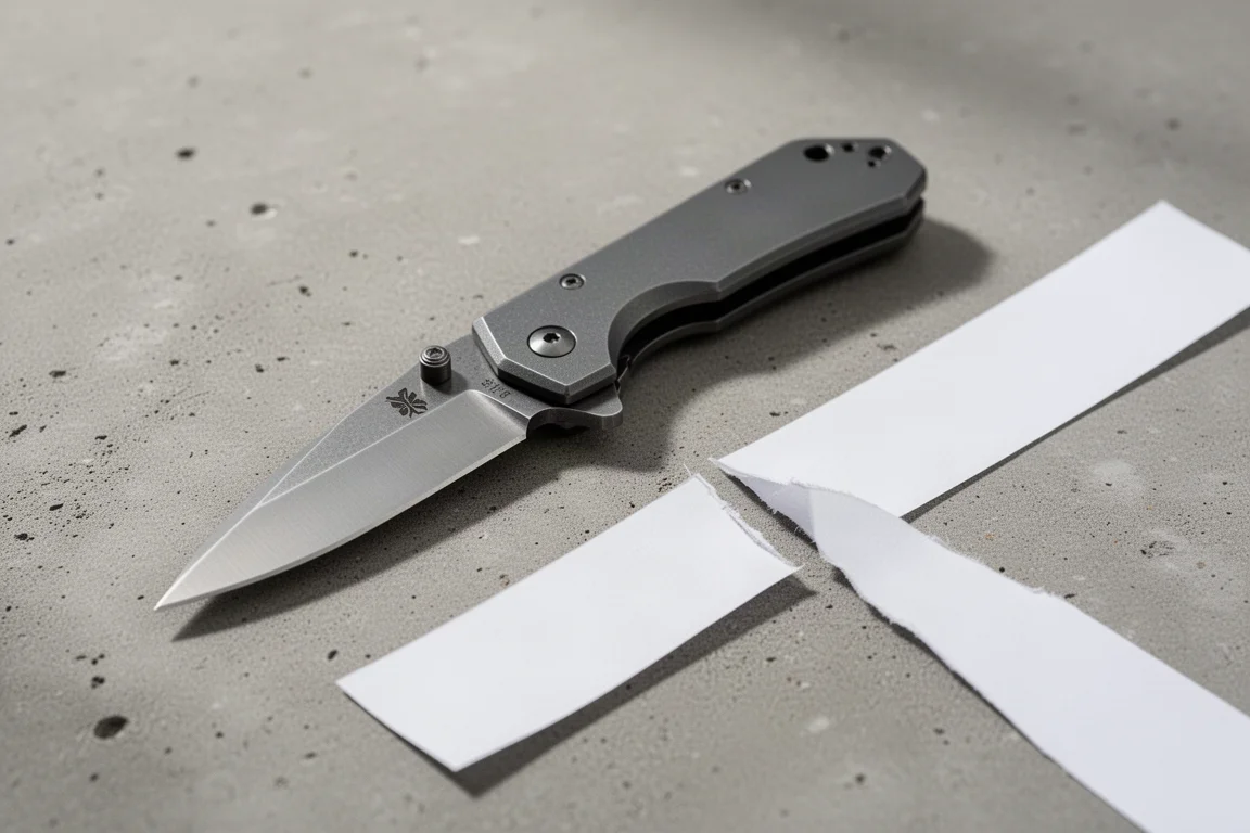 Folding knife blade edge tested against paper on a clean desk