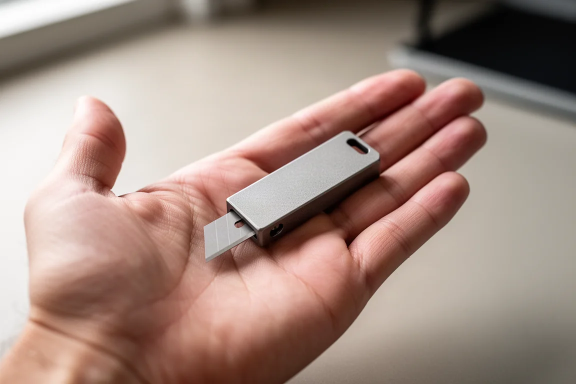 Minuscule titanium utility knife in een handpalm om het miniatureformaat te tonen
