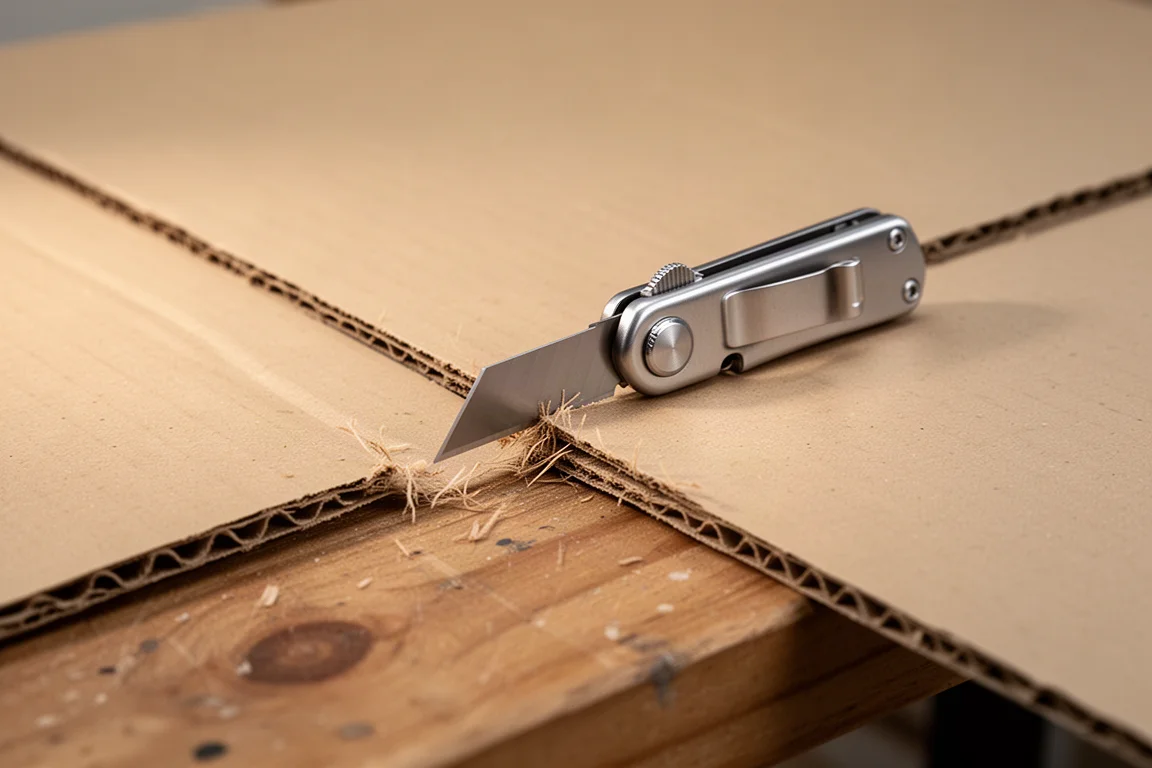 Micro-utility knife maakt een nette snede in golfkarton