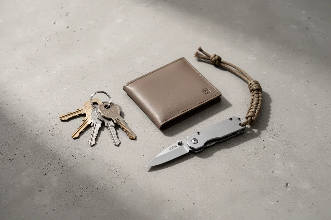 Flat-lay van pocketed everyday carry met sleutels en de micro-utility knife