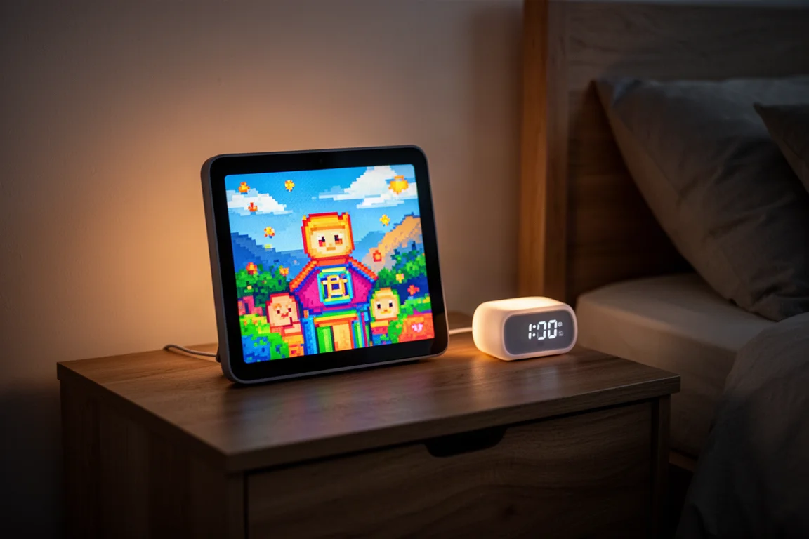 Pixel-art style display frame glowing softly on a nightstand in a dim room