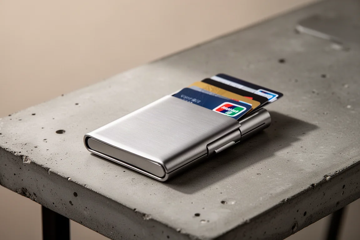Metal slide wallet held in hand with cards fanned out