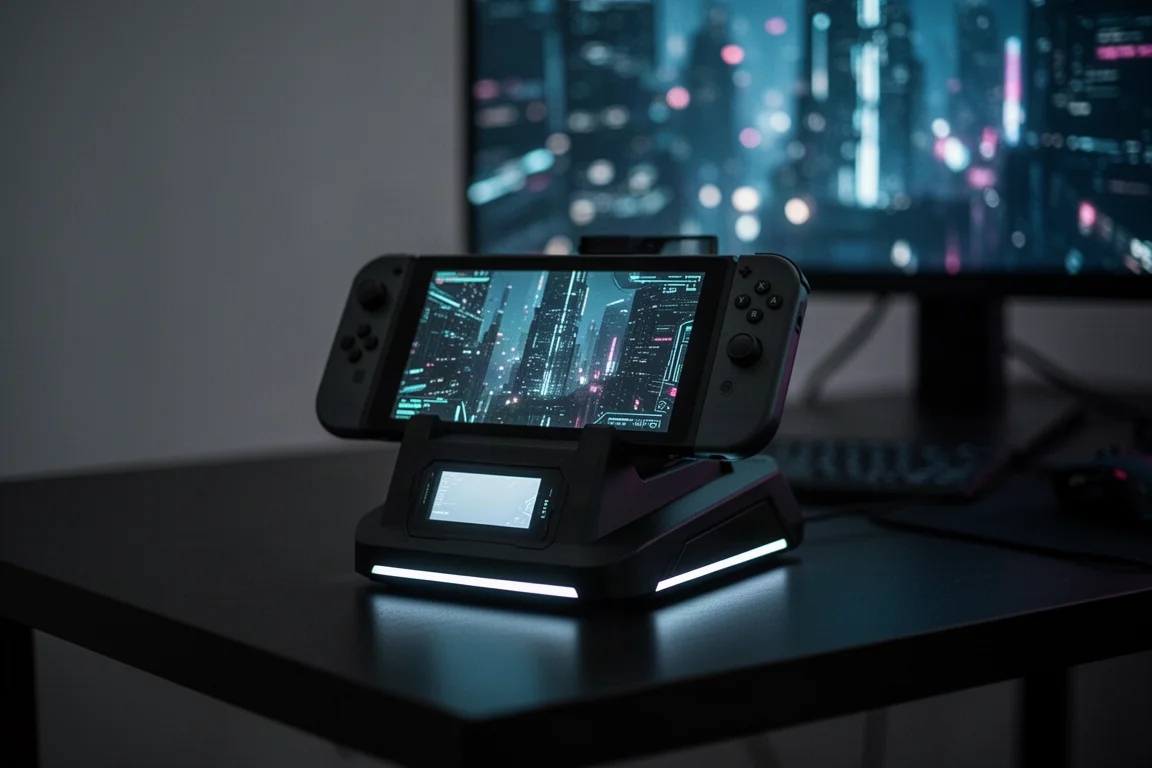 Handheld gaming device docked in a desk station with ambient lighting