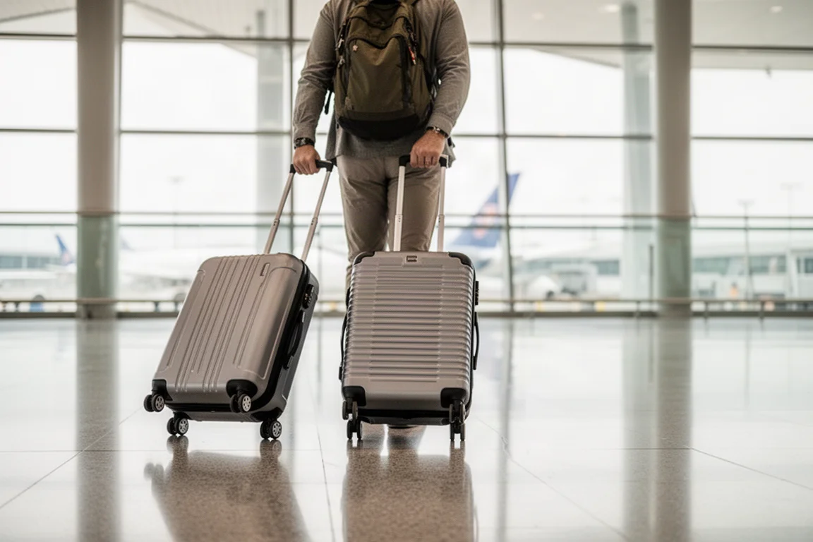 Traveler pulling hard-shell luggage through an airport terminal