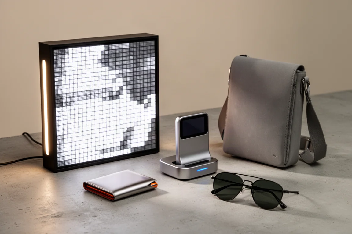 Flach arrangierte Alltagsausrüstung mit einem Display-Rahmen, einer Geldbörse, einem Dock, einer Sling-Bag und einer Sonnenbrille