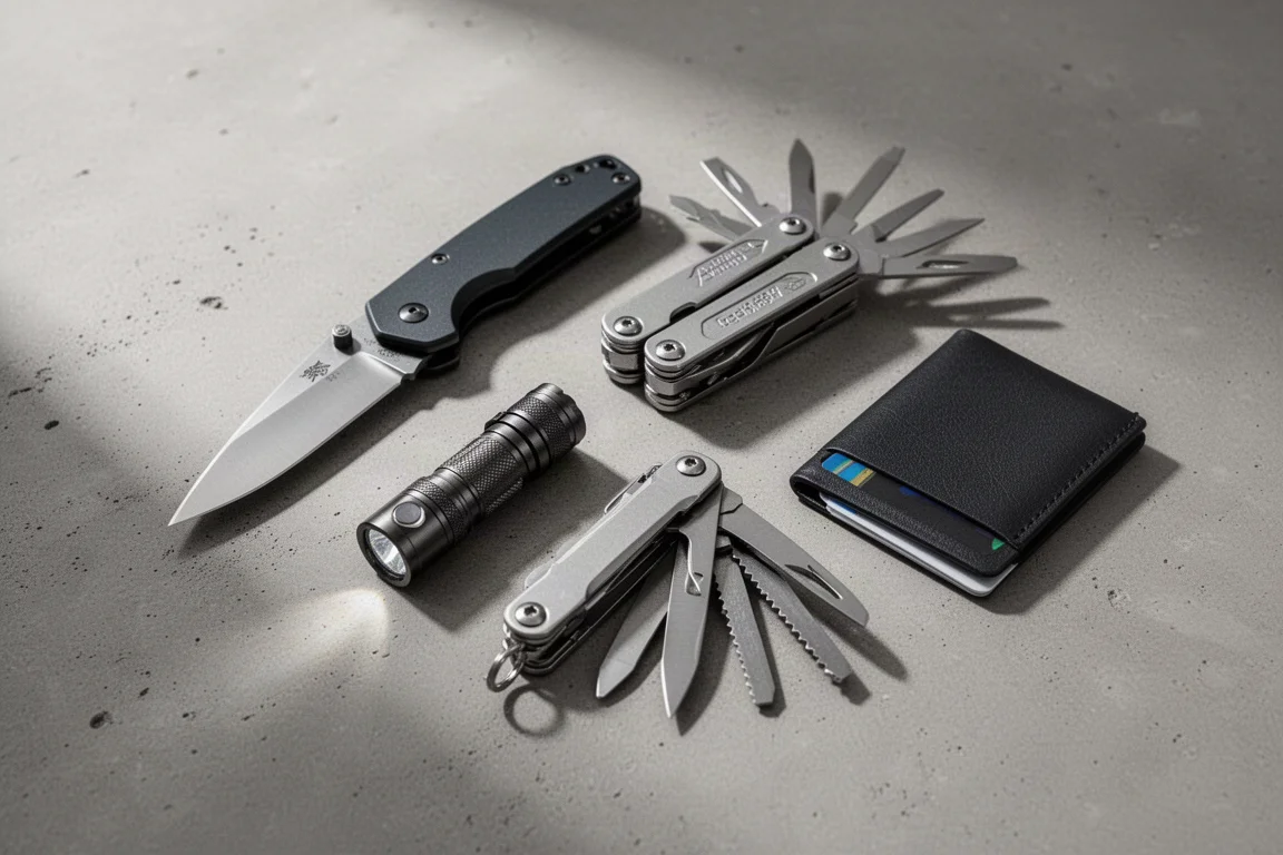 Flat-lay of everyday carry gear including a pocket knife, flashlight, multitool, and wallet on concrete