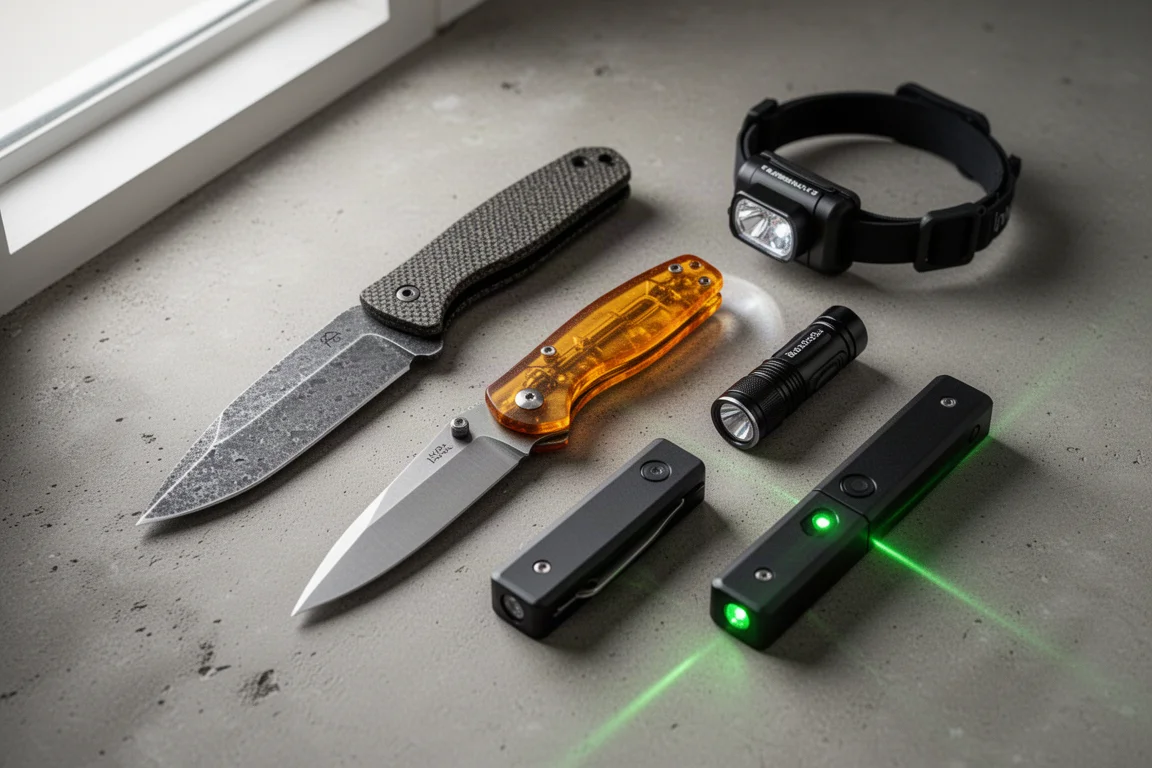 Flat-lay of an EDC fixed blade, Ultem folder, headlamp, and two slim pocket flashlights on concrete
