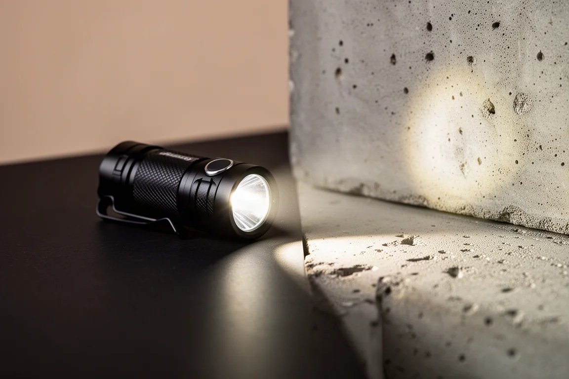 Lanterna LED preta compacta projetando um feixe focado sobre uma superfície escura