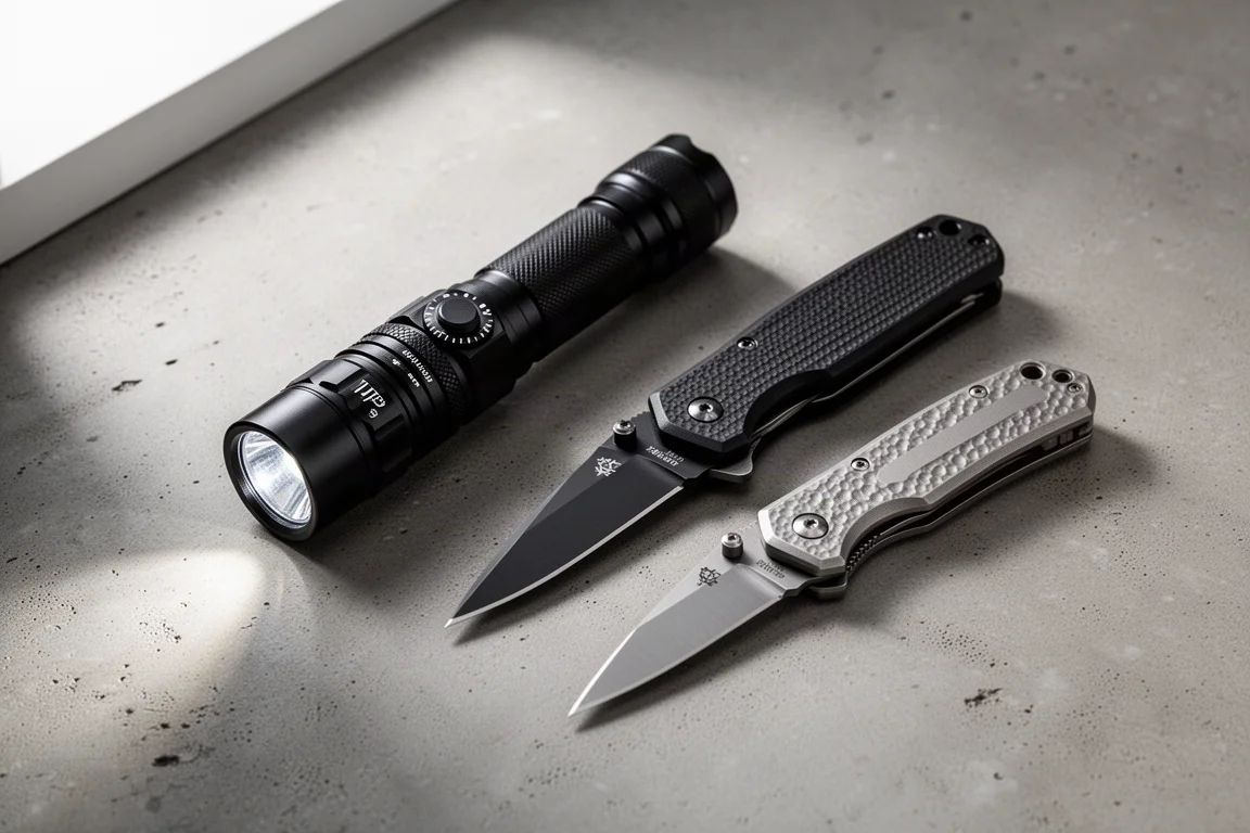 Two flashlights and two folding knives arranged on a concrete surface