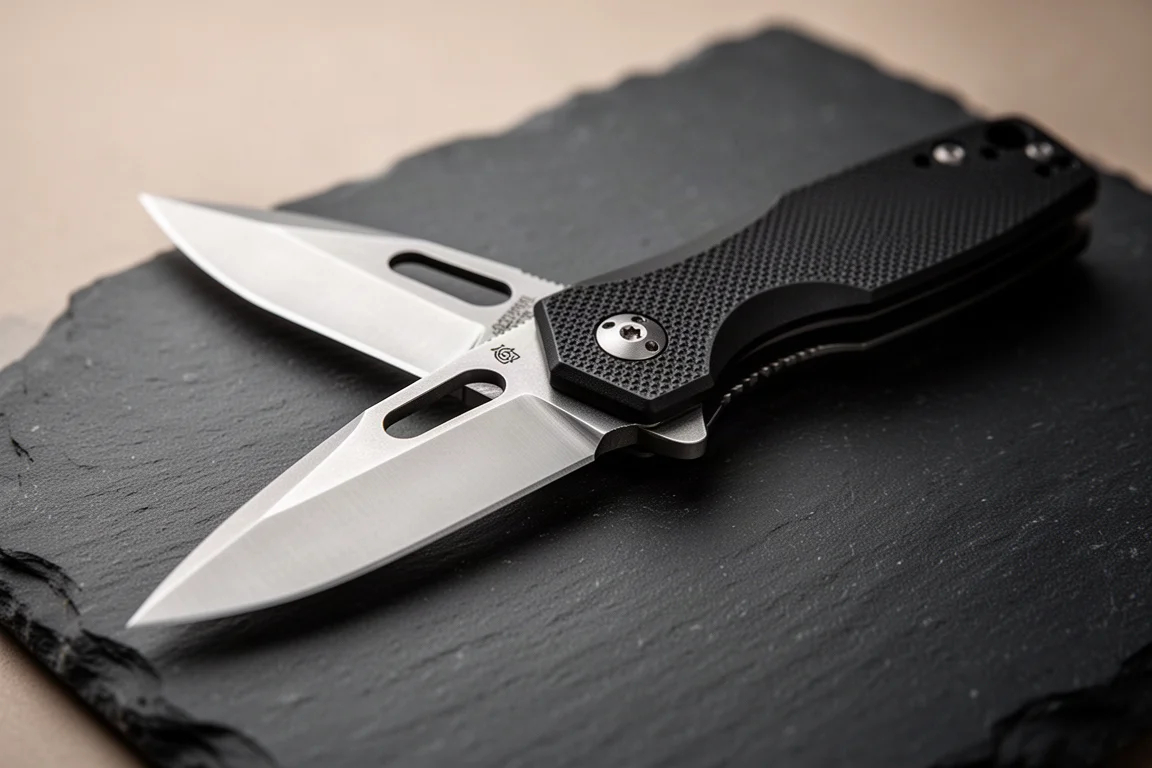 Couteau de poche pliant à lame double meulage posé sur une surface en ardoise