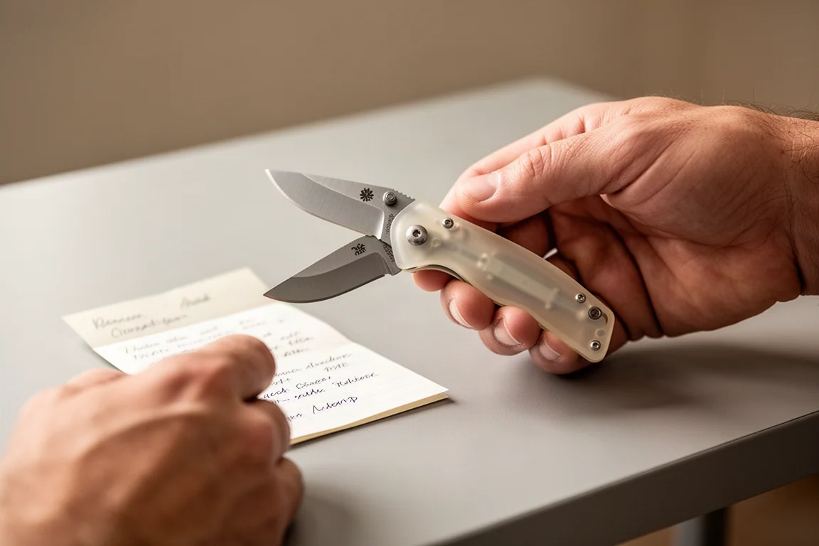Petit couteau pliant à manche en ultem pâle tenu à deux mains sur un bureau
