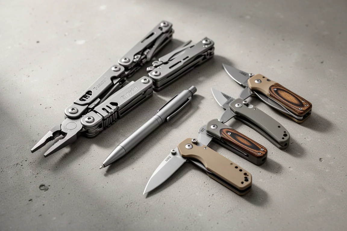 Collection of multi-tools, a pen, and folding knives arranged on a concrete surface
