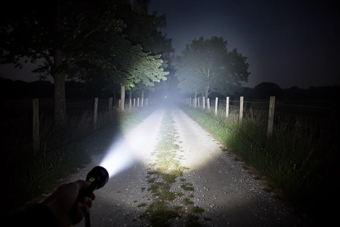 Snop światła z latarki przebijający ciemność na wiejskiej ścieżce nocą