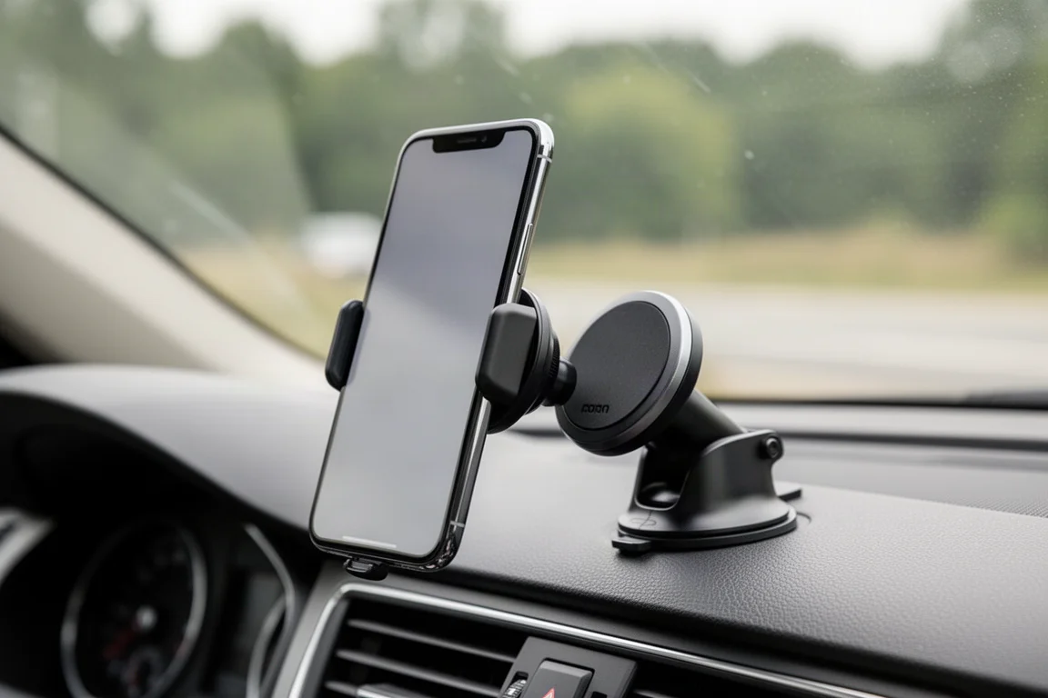 Telefon zamocowany magnetycznie na desce rozdzielczej samochodu