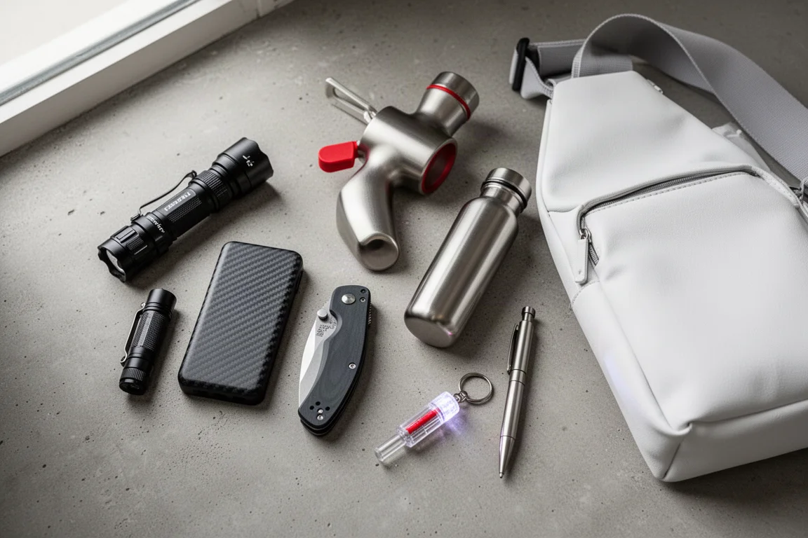 Composizione flat-lay di attrezzatura everyday carry con torce, power bank, coltello, borraccia e borsa a tracolla su cemento