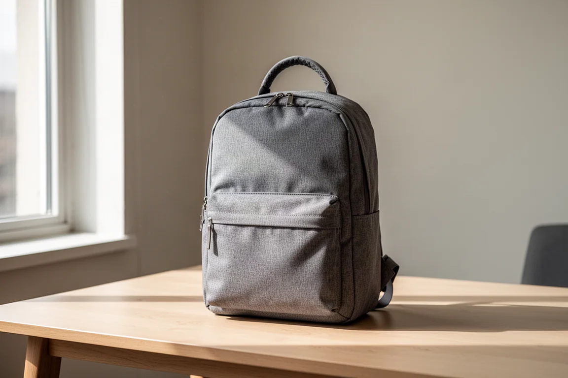 A lightweight grey backpack resting against a window with soft daylight