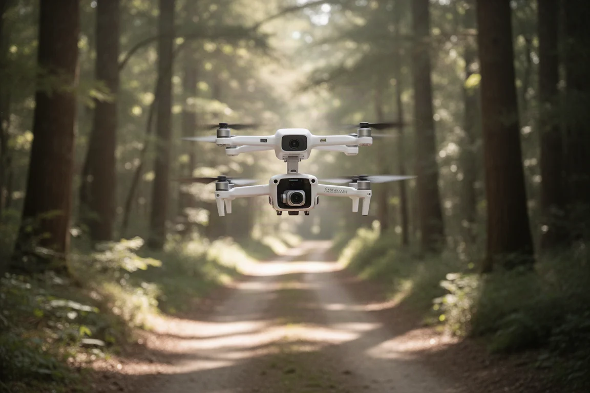 Compact flying camera hovering in a sunny forest clearing