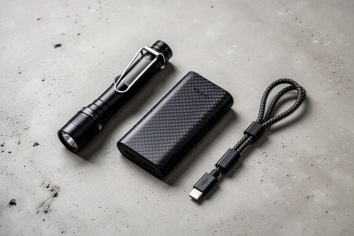 Slim black flashlight and a small power bank arranged on a desk